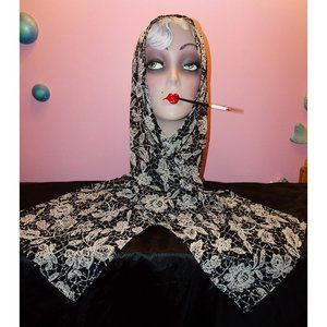 Vintage Black & White Long Floral Scarf pinup retro rockabilly neck scarve boho